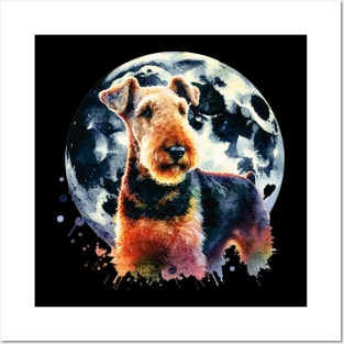 Airedale Terrier And The Moon Posters and Art